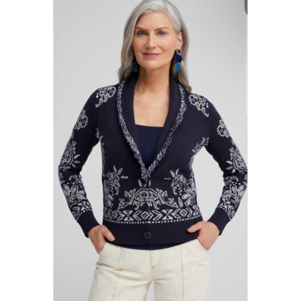 Chico's Womens Navy Blue Shawl Collar Fringe Cardigan Sweater Size Large